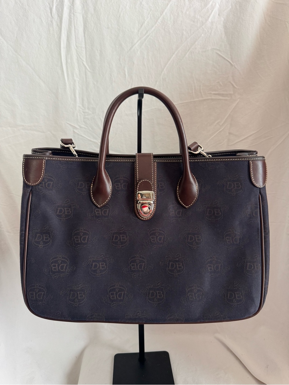 Dooney & Bourke Monogram Canvas Double Handle Tote Bag Navy Blue Brown Leather